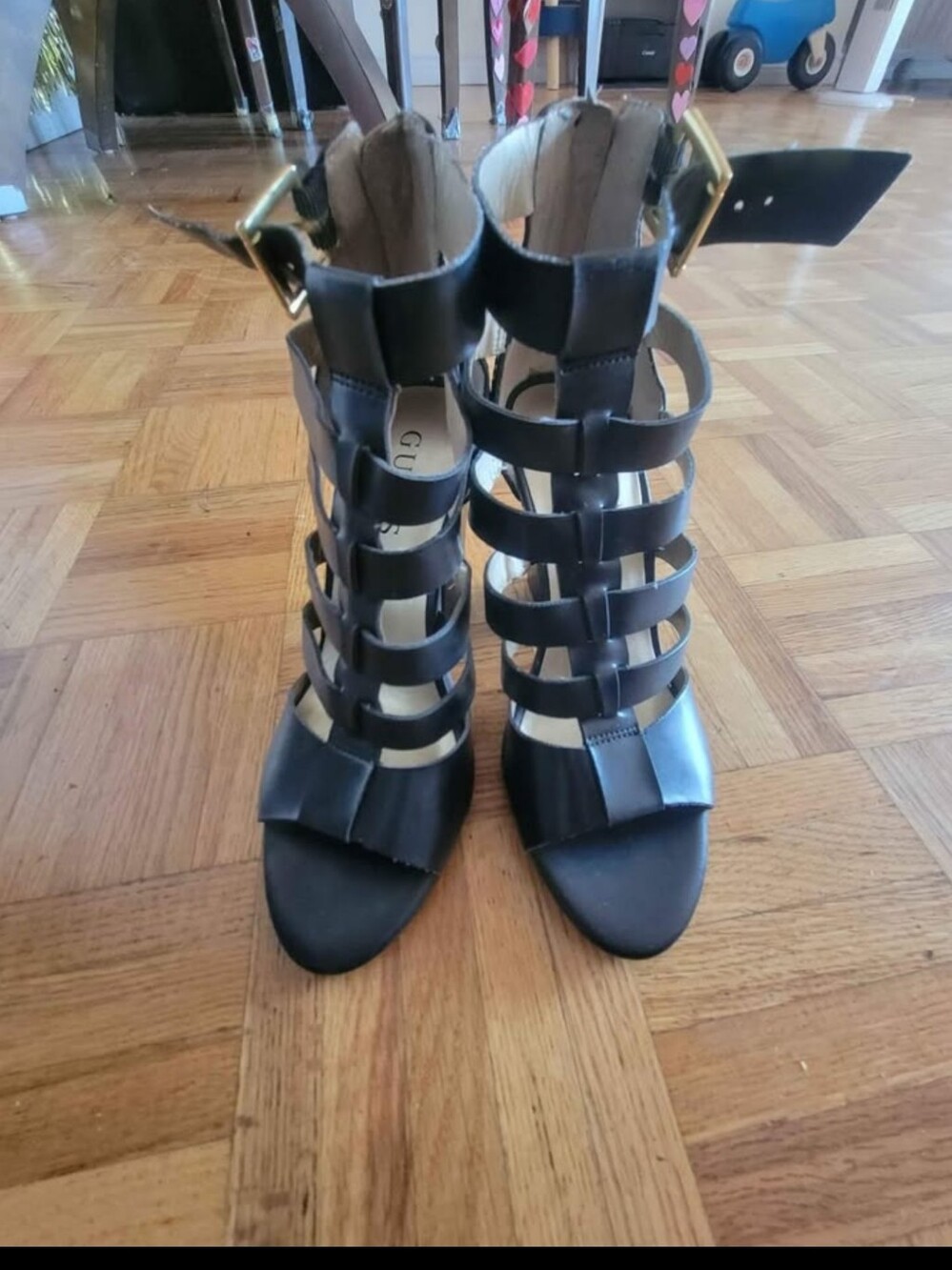 GUESS Black Strappy Cage High-Heel Sandals